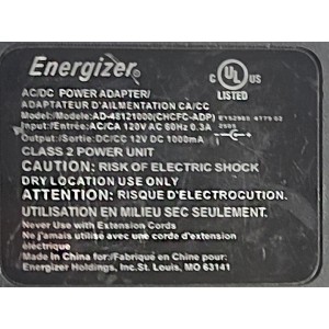 ADAPTADOR AC ENERGIZER / NUMERO DE PARTE AD-48121000(CHCFC-ADP) / INPUT: 120 AC 60HZ 0.3A / OUTPUT: 12V DC 1000mA	